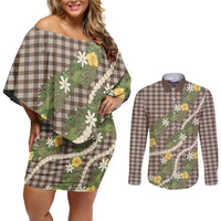 Aloha Puakenikeni Anthurium Pikake Lei Couples Matching Off Shoulder Short Dress and Long Sleeve Button Shirt Chocolate Hawaiian Palaka Pattern