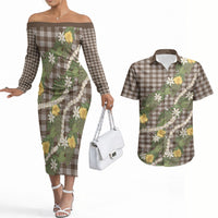 Aloha Puakenikeni Anthurium Pikake Lei Couples Matching Off The Shoulder Long Sleeve Dress and Hawaiian Shirt Chocolate Hawaiian Palaka Pattern LT9 Chocolate - Polynesian Pride