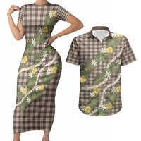 Aloha Puakenikeni Anthurium Pikake Lei Couples Matching Short Sleeve Bodycon Dress and Hawaiian Shirt Chocolate Hawaiian Palaka Pattern LT9 Chocolate - Polynesian Pride