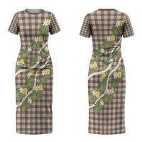 Aloha Puakenikeni Anthurium Pikake Lei Couples Matching Short Sleeve Bodycon Dress and Hawaiian Shirt Chocolate Hawaiian Palaka Pattern LT9 - Polynesian Pride