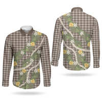 Aloha Puakenikeni Anthurium Pikake Lei Couples Matching Summer Maxi Dress and Long Sleeve Button Shirt Chocolate Hawaiian Palaka Pattern LT9 - Polynesian Pride