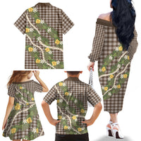 Aloha Puakenikeni Anthurium Pikake Lei Family Matching Off The Shoulder Long Sleeve Dress and Hawaiian Shirt Chocolate Hawaiian Palaka Pattern LT9 - Polynesian Pride