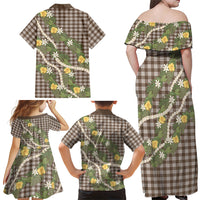 Aloha Puakenikeni Anthurium Pikake Lei Family Matching Off Shoulder Maxi Dress and Hawaiian Shirt Chocolate Hawaiian Palaka Pattern LT9 Mom's Dress Chocolate - Polynesian Pride