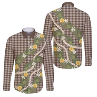 Aloha Puakenikeni Anthurium Pikake Lei Family Matching Off Shoulder Maxi Dress and Hawaiian Shirt Chocolate Hawaiian Palaka Pattern LT9 Dad's Shirt - Long Sleeve Chocolate - Polynesian Pride
