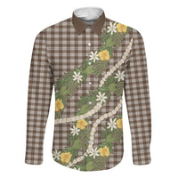 Aloha Puakenikeni Anthurium Pikake Lei Family Matching Off Shoulder Maxi Dress and Hawaiian Shirt Chocolate Hawaiian Palaka Pattern LT9 Daughter's Dress Chocolate - Polynesian Pride