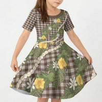 Aloha Puakenikeni Anthurium Pikake Lei Kid Short Sleeve Dress Chocolate Hawaiian Palaka Pattern LT9 KID Chocolate - Polynesian Pride