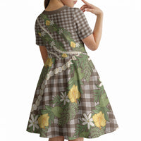 Aloha Puakenikeni Anthurium Pikake Lei Kid Short Sleeve Dress Chocolate Hawaiian Palaka Pattern LT9 - Polynesian Pride