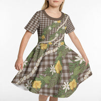 Aloha Puakenikeni Anthurium Pikake Lei Kid Short Sleeve Dress Chocolate Hawaiian Palaka Pattern LT9 - Polynesian Pride