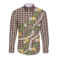 Aloha Puakenikeni Anthurium Pikake Lei Long Sleeve Button Shirt Chocolate Hawaiian Palaka Pattern LT9 Unisex Chocolate - Polynesian Pride