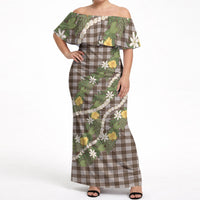 Aloha Puakenikeni Anthurium Pikake Lei Off Shoulder Maxi Dress Chocolate Hawaiian Palaka Pattern LT9 Women Chocolate - Polynesian Pride
