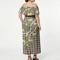 Aloha Puakenikeni Anthurium Pikake Lei Off Shoulder Maxi Dress Chocolate Hawaiian Palaka Pattern LT9 - Polynesian Pride