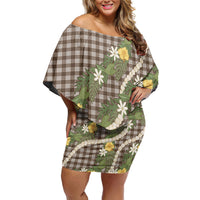 Aloha Puakenikeni Anthurium Pikake Lei Off Shoulder Short Dress Chocolate Hawaiian Palaka Pattern LT9 Women Chocolate - Polynesian Pride
