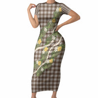 Aloha Puakenikeni Anthurium Pikake Lei Short Sleeve Bodycon Dress Chocolate Hawaiian Palaka Pattern LT9 Long Dress Chocolate - Polynesian Pride