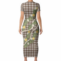 Aloha Puakenikeni Anthurium Pikake Lei Short Sleeve Bodycon Dress Chocolate Hawaiian Palaka Pattern LT9 - Polynesian Pride