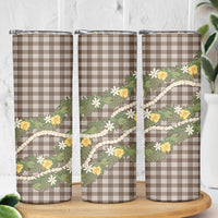 Aloha Puakenikeni Anthurium Pikake Lei Skinny Tumbler Chocolate Hawaiian Palaka Pattern
