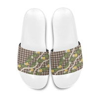 Aloha Puakenikeni Anthurium Pikake Lei Slide Sandals Chocolate Hawaiian Palaka Pattern