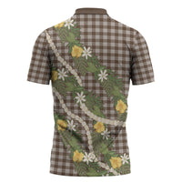 Aloha Puakenikeni Anthurium Pikake Lei Zipper Polo Shirt Chocolate Hawaiian Palaka Pattern LT9 - Polynesian Pride