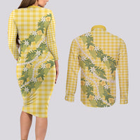 Aloha Puakenikeni Anthurium Pikake Lei Couples Matching Long Sleeve Bodycon Dress and Long Sleeve Button Shirt Gold Hawaiian Palaka Pattern LT9 - Polynesian Pride