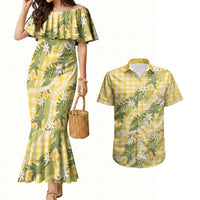 Aloha Puakenikeni Anthurium Pikake Lei Couples Matching Mermaid Dress and Hawaiian Shirt Gold Hawaiian Palaka Pattern LT9 Gold - Polynesian Pride