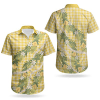 Aloha Puakenikeni Anthurium Pikake Lei Couples Matching Mermaid Dress and Hawaiian Shirt Gold Hawaiian Palaka Pattern LT9 - Polynesian Pride