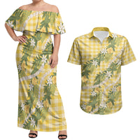 Aloha Puakenikeni Anthurium Pikake Lei Couples Matching Off Shoulder Maxi Dress and Hawaiian Shirt Gold Hawaiian Palaka Pattern LT9 Gold - Polynesian Pride