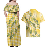 Aloha Puakenikeni Anthurium Pikake Lei Couples Matching Off Shoulder Maxi Dress and Hawaiian Shirt Gold Hawaiian Palaka Pattern LT9 - Polynesian Pride