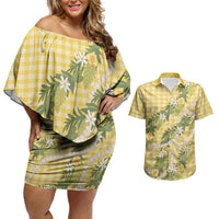 Aloha Puakenikeni Anthurium Pikake Lei Couples Matching Off Shoulder Short Dress and Hawaiian Shirt Gold Hawaiian Palaka Pattern LT9 Gold - Polynesian Pride