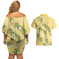 Aloha Puakenikeni Anthurium Pikake Lei Couples Matching Off Shoulder Short Dress and Hawaiian Shirt Gold Hawaiian Palaka Pattern LT9 - Polynesian Pride