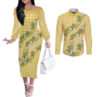 Aloha Puakenikeni Anthurium Pikake Lei Couples Matching Off The Shoulder Long Sleeve Dress and Long Sleeve Button Shirt Gold Hawaiian Palaka Pattern LT9 Gold - Polynesian Pride