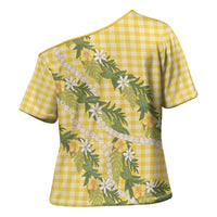 Aloha Puakenikeni Anthurium Pikake Lei Cross Shoulder Shirt Gold Hawaiian Palaka Pattern