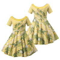 Aloha Puakenikeni Anthurium Pikake Lei Family Matching Puletasi and Hawaiian Shirt Gold Hawaiian Palaka Pattern LT9 Daughter's Dress Gold - Polynesian Pride