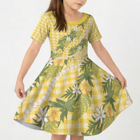 Aloha Puakenikeni Anthurium Pikake Lei Kid Short Sleeve Dress Gold Hawaiian Palaka Pattern LT9 KID Gold - Polynesian Pride