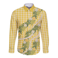 Aloha Puakenikeni Anthurium Pikake Lei Long Sleeve Button Shirt Gold Hawaiian Palaka Pattern LT9 Unisex Gold - Polynesian Pride