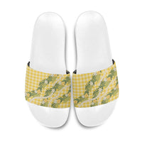 Aloha Puakenikeni Anthurium Pikake Lei Slide Sandals Gold Hawaiian Palaka Pattern
