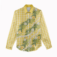 Aloha Puakenikeni Anthurium Pikake Lei Women Casual Shirt Gold Hawaiian Palaka Pattern