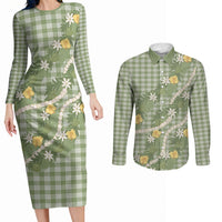 Aloha Puakenikeni Anthurium Pikake Lei Couples Matching Long Sleeve Bodycon Dress and Long Sleeve Button Shirt Green Hawaiian Palaka Pattern LT9 Green - Polynesian Pride