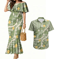 Aloha Puakenikeni Anthurium Pikake Lei Couples Matching Mermaid Dress and Hawaiian Shirt Green Hawaiian Palaka Pattern LT9 Green - Polynesian Pride