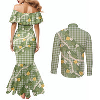 Aloha Puakenikeni Anthurium Pikake Lei Couples Matching Mermaid Dress and Long Sleeve Button Shirt Green Hawaiian Palaka Pattern LT9 - Polynesian Pride