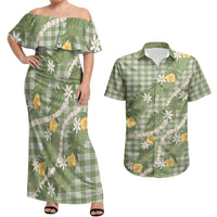 Aloha Puakenikeni Anthurium Pikake Lei Couples Matching Off Shoulder Maxi Dress and Hawaiian Shirt Green Hawaiian Palaka Pattern LT9 Green - Polynesian Pride