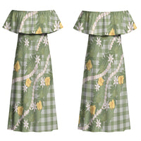 Aloha Puakenikeni Anthurium Pikake Lei Couples Matching Off Shoulder Maxi Dress and Hawaiian Shirt Green Hawaiian Palaka Pattern LT9 - Polynesian Pride