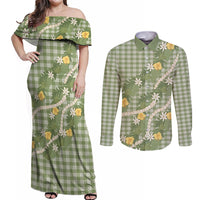 Aloha Puakenikeni Anthurium Pikake Lei Couples Matching Off Shoulder Maxi Dress and Long Sleeve Button Shirt Green Hawaiian Palaka Pattern