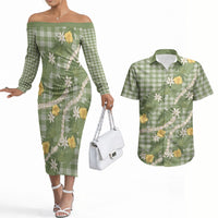 Aloha Puakenikeni Anthurium Pikake Lei Couples Matching Off The Shoulder Long Sleeve Dress and Hawaiian Shirt Green Hawaiian Palaka Pattern LT9 Green - Polynesian Pride