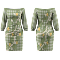 Aloha Puakenikeni Anthurium Pikake Lei Couples Matching Off The Shoulder Long Sleeve Dress and Hawaiian Shirt Green Hawaiian Palaka Pattern LT9 - Polynesian Pride