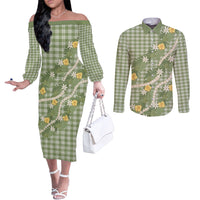 Aloha Puakenikeni Anthurium Pikake Lei Couples Matching Off The Shoulder Long Sleeve Dress and Long Sleeve Button Shirt Green Hawaiian Palaka Pattern LT9 Green - Polynesian Pride