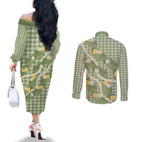 Aloha Puakenikeni Anthurium Pikake Lei Couples Matching Off The Shoulder Long Sleeve Dress and Long Sleeve Button Shirt Green Hawaiian Palaka Pattern