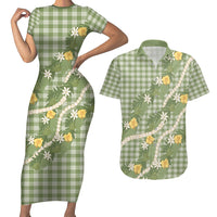 Aloha Puakenikeni Anthurium Pikake Lei Couples Matching Short Sleeve Bodycon Dress and Hawaiian Shirt Green Hawaiian Palaka Pattern LT9 Green - Polynesian Pride