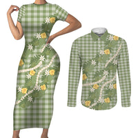 Aloha Puakenikeni Anthurium Pikake Lei Couples Matching Short Sleeve Bodycon Dress and Long Sleeve Button Shirt Green Hawaiian Palaka Pattern LT9 Green - Polynesian Pride