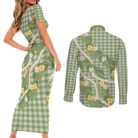 Aloha Puakenikeni Anthurium Pikake Lei Couples Matching Short Sleeve Bodycon Dress and Long Sleeve Button Shirt Green Hawaiian Palaka Pattern LT9 - Polynesian Pride