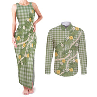 Aloha Puakenikeni Anthurium Pikake Lei Couples Matching Tank Maxi Dress and Long Sleeve Button Shirt Green Hawaiian Palaka Pattern
