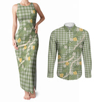 Aloha Puakenikeni Anthurium Pikake Lei Couples Matching Tank Maxi Dress and Long Sleeve Button Shirt Green Hawaiian Palaka Pattern LT9 Green - Polynesian Pride
